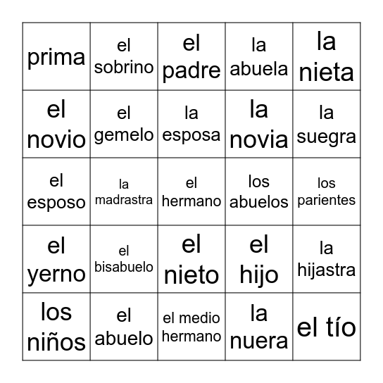 7th Grade Familia Bingo Card