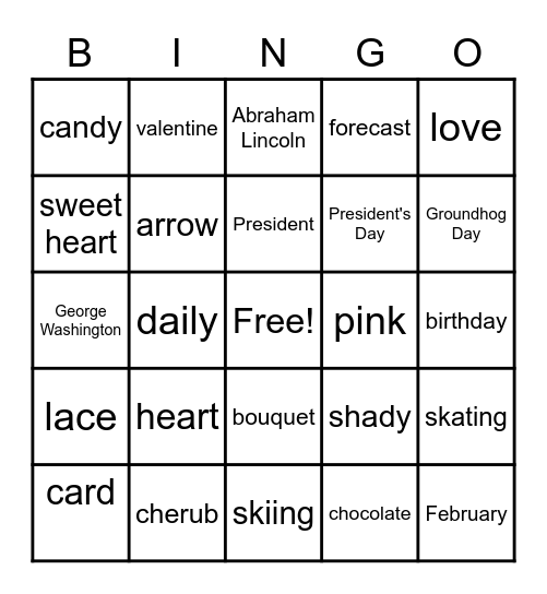 February Vocabulary Words Bingo Card