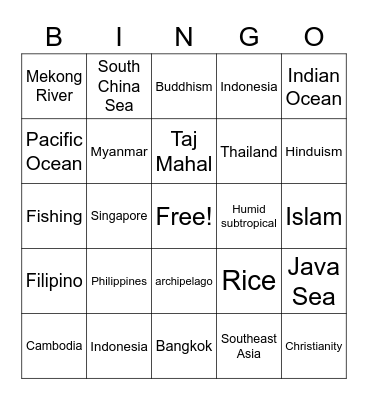 Southeast Asia and South Asia Bingo Card