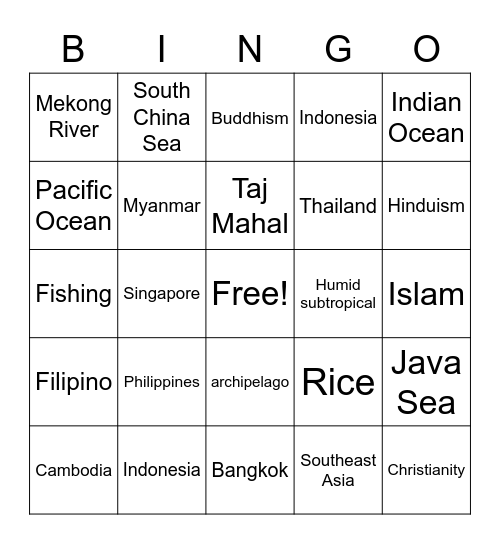 Southeast Asia and South Asia Bingo Card