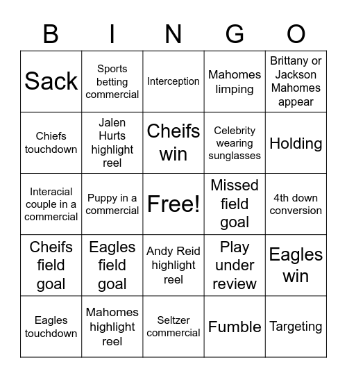 Super Bowl Bingo Card