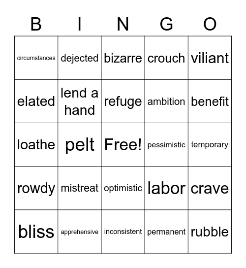 Vocabulary! Bingo Card