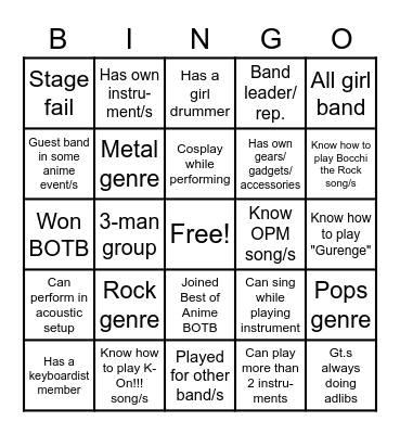 Cosplay × J-Music Bingo Card