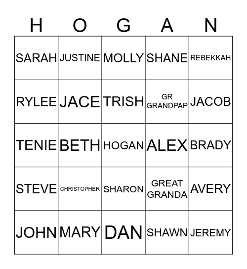 Family Bingo Card