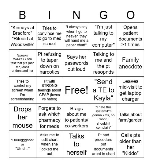 Patty Pratt Bingo Card