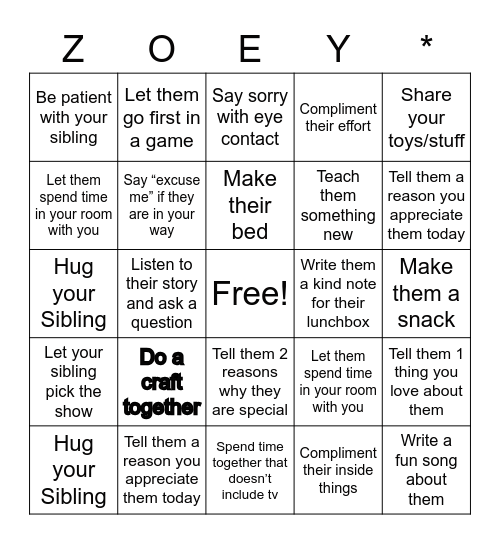 Sibling Challenge - Fill in all the Squares Bingo Card