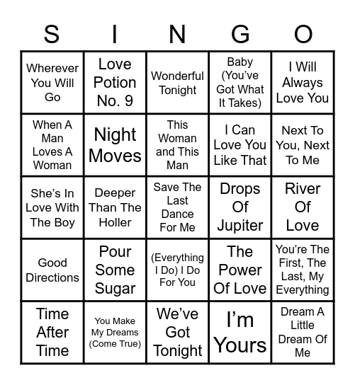 Valentine's SINGO Bingo Card