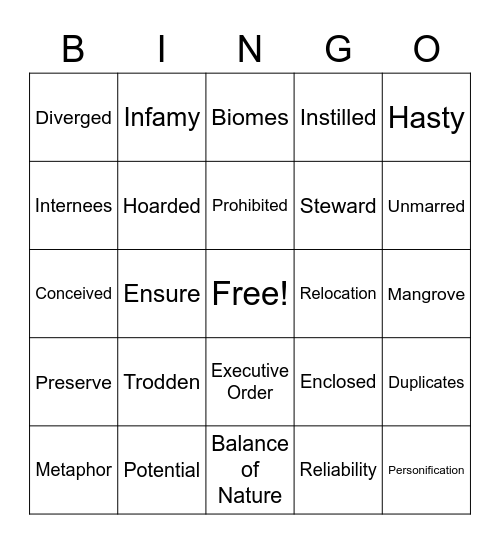 Vocabulary Bingo Card