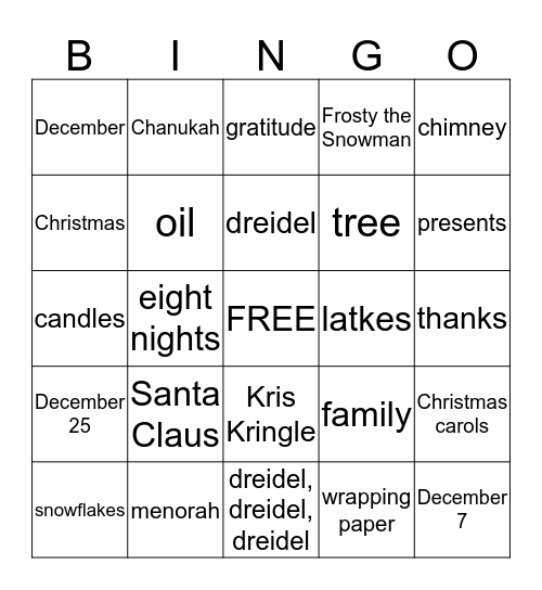 Chanukah and Christmas Bingo Card