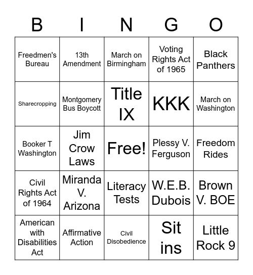 SS 8 Civil Rights Review Bingo Card