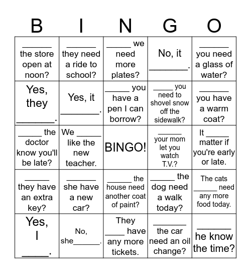 Do Does Don't Doesn't Bingo Card
