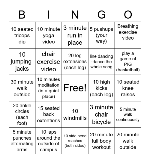 Fitness Bingo Card