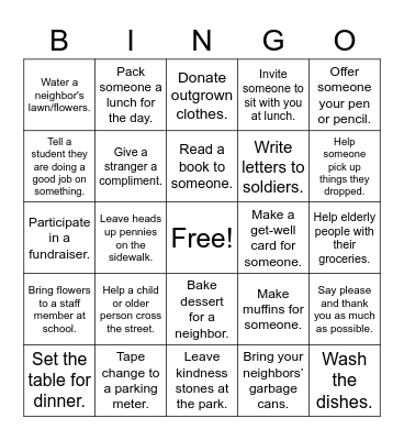 Random Acts of Kindness BINGO Card