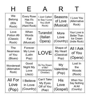 Valentine's Music Genre Bingo Card