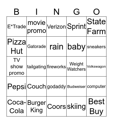 Superbowl COMMERCIALS Bingo Card