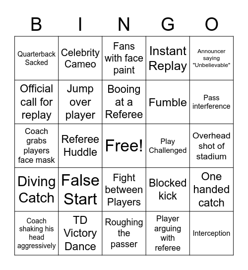 Super Bowl Bingo Card