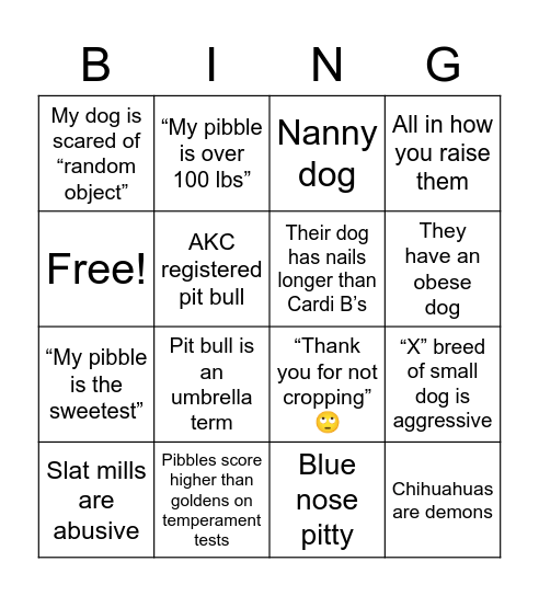Pibble mommy bingo Card