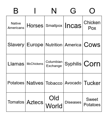 Columbian Exchange Bingo Card