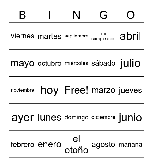 Days of the Week + months Spanish Bingo Card
