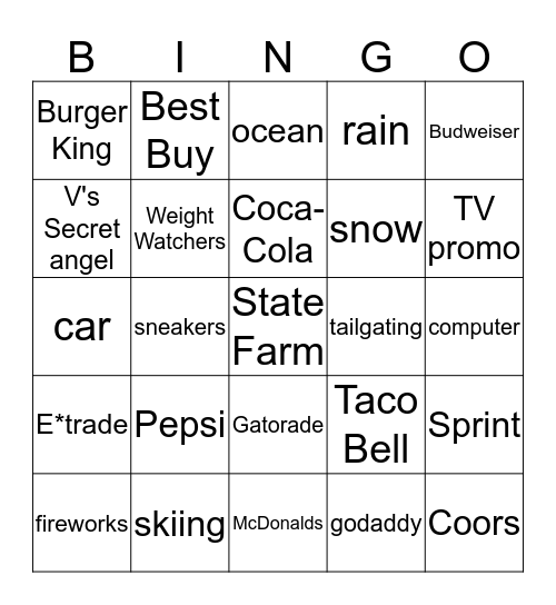 Superbowl COMMERCIALS Bingo Card