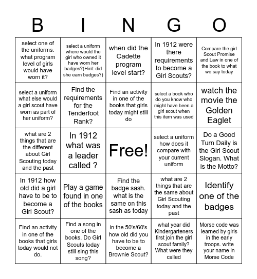 Historic Girl Scout Bingo Card