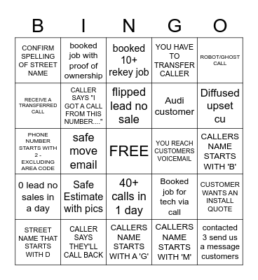 Call Center Bingo Card