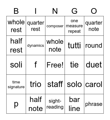 Musical Terms TOE 1-2 Bingo Card