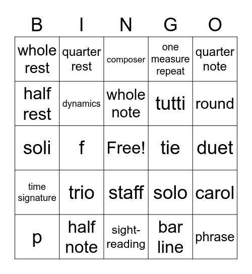 Musical Terms TOE 1-2 Bingo Card