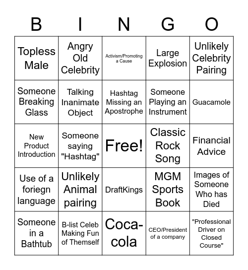 Super Bowl Commercial Bingo Card