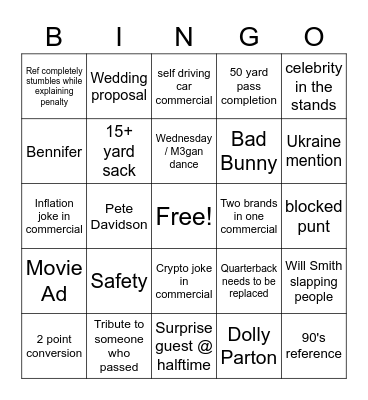 Superbowl Bingo Card