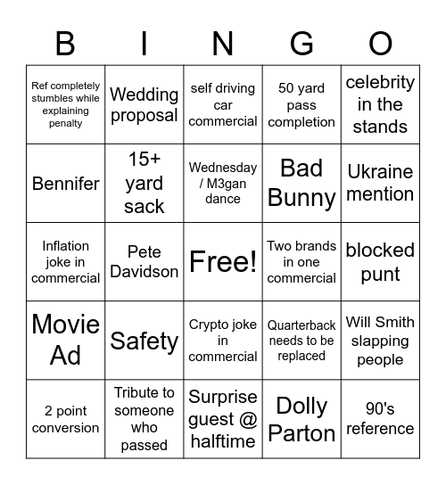 Superbowl Bingo Card