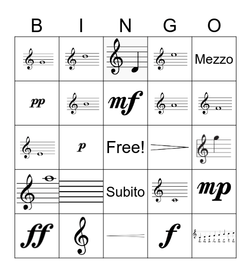 Treble Clef Pitches and Dynamics Bingo Card