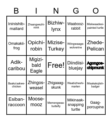 Animals and Birds Bingo Card