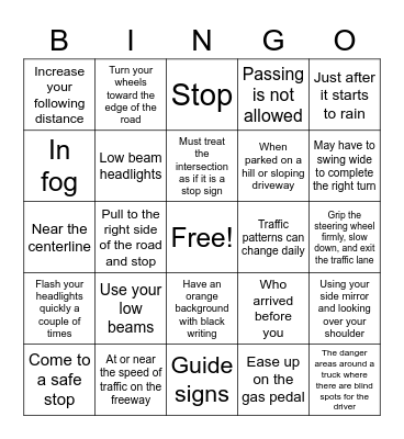 Driving Test Practice Bingo Card