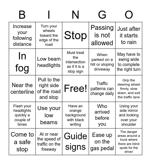 Driving Test Practice Bingo Card