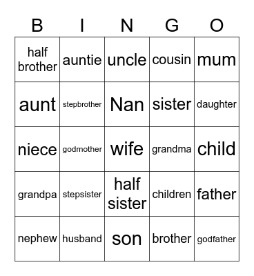 Family Vocabulary Bingo Card