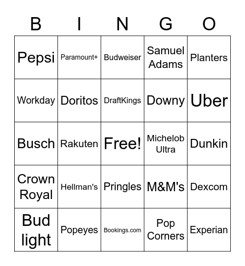 Super Bowl LVII Commercials Bingo Card