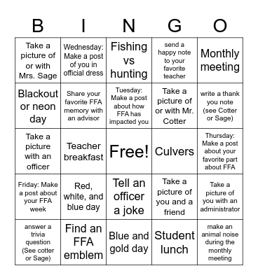 FFA WEEK 2023 Bingo Card