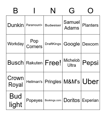 Super Bowl LVII Commercials Bingo Card
