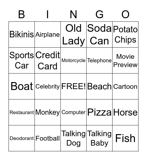 Super Bowl Commerical Bingo Card