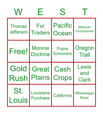 Westward Expansion Bingo Card