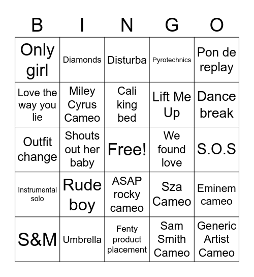 Rihanna Bingo Card