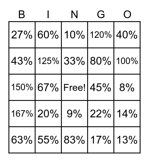 Percentages BINGO Card