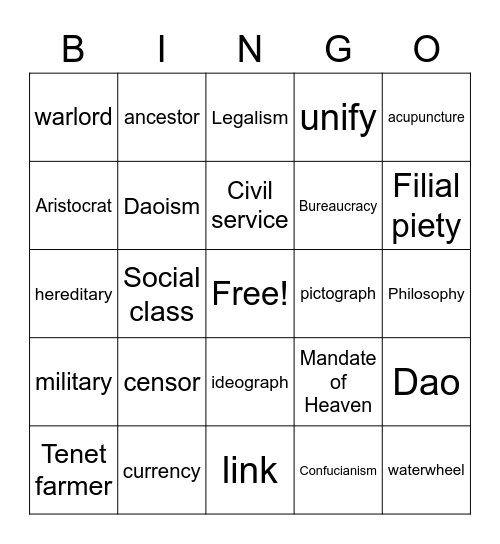 Ancient China Bingo Card