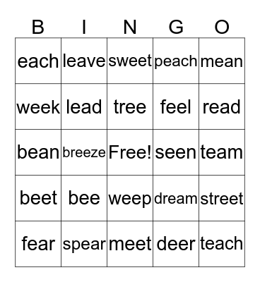 ee  and  ea  words Bingo Card