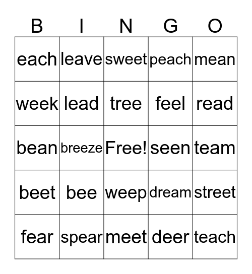 ee  and  ea  words Bingo Card