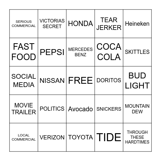 Super Bowl BINGO Card