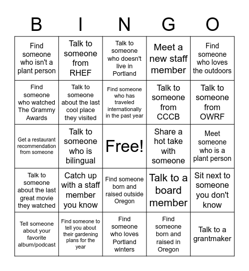 Get to know the Seeding Justice family! Bingo Card