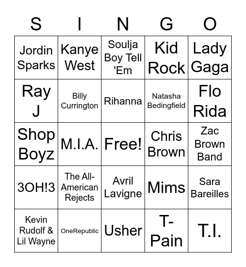 2007-2008 Artists Bingo Card