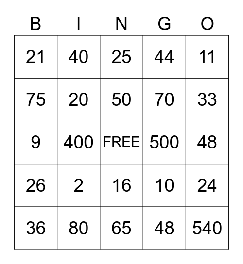 PERCENTS BINGO Card